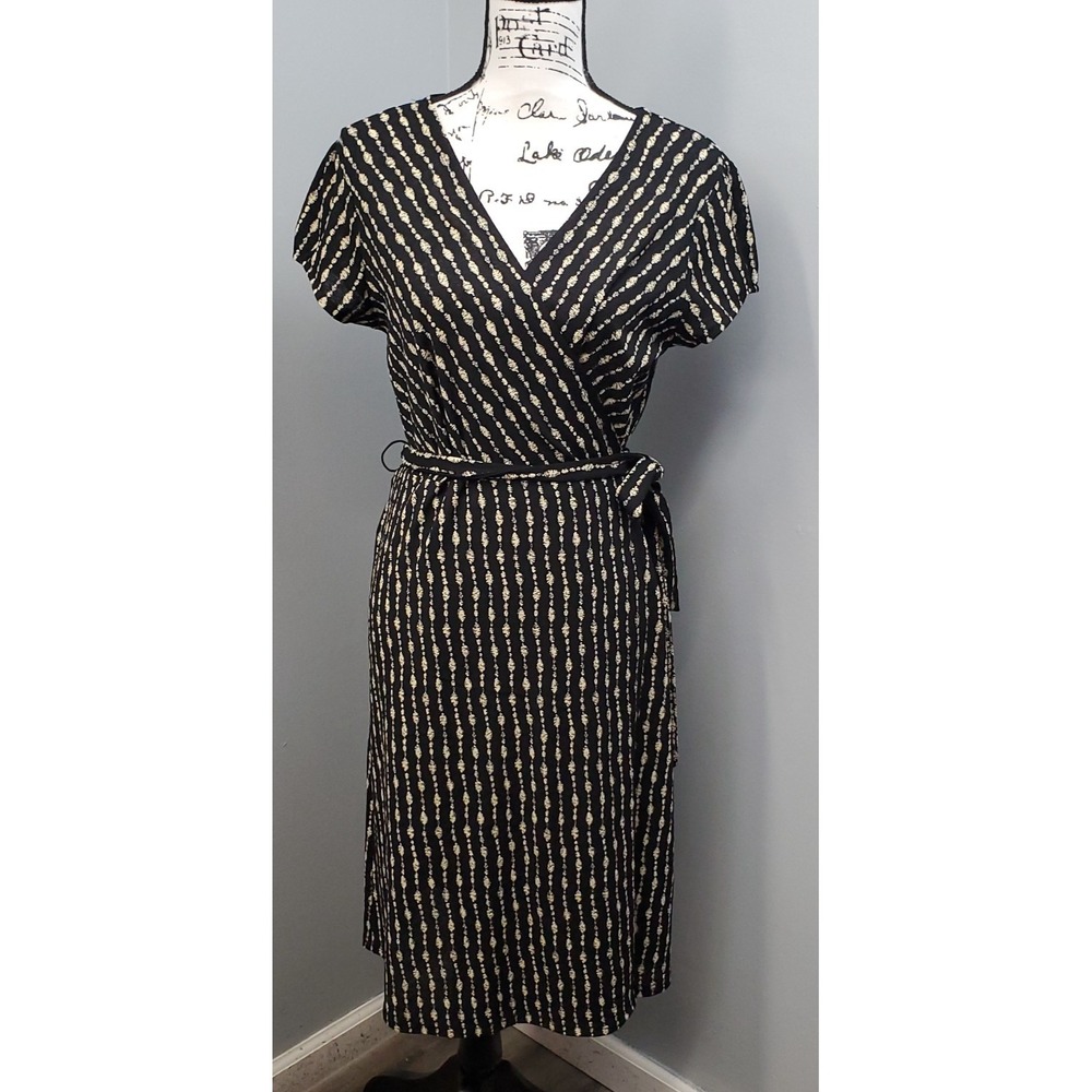 Alfani Wrap Dress‎ Womens Petite Medium Black Tan Striped Short Sleeve Tie Waist